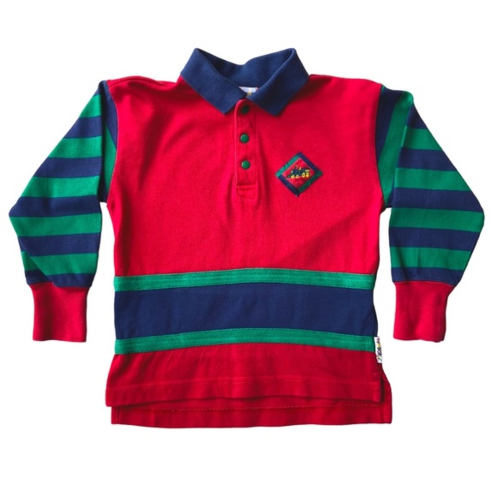 VINTAGE 90s Gymboree Polo Shirt Long Sleeves Red Streetwear Train Stripe Green